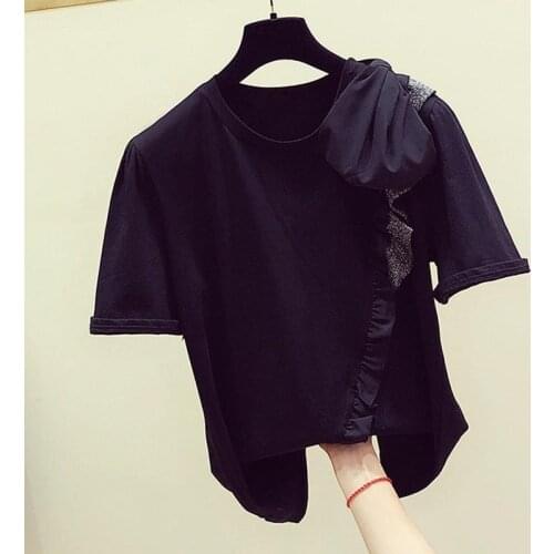 2021 spring and summer new Korean temperament black T-shirt with wooden ears and bowknot womens casual top