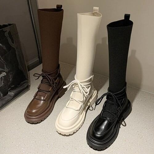 Women Stretch Boots Knee-High Shoes For Women 2021 Punk Cross-Tied Ladies Party Modern Sock Boots Platform Female Shoes