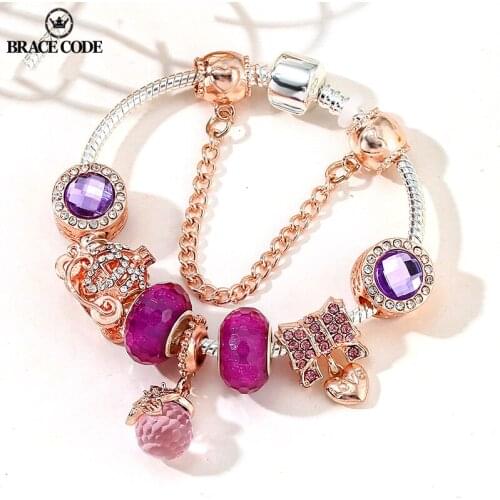 Silver Plate Pan Brand Bracelet Butterfly Crystal Pendant Purple Crystal Stone Beaded Lady Bracelet Princess Crown Car bracelet