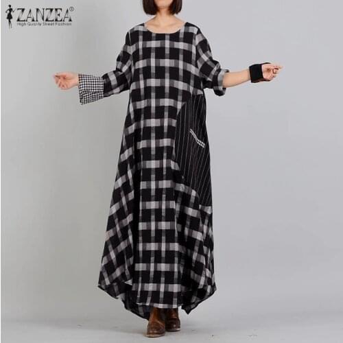 Vintage Check Dress Women Plaid Sundress ZANZEA Spring Casual Long Sleeve Maxi Vestidos Female Striped Robe Femem