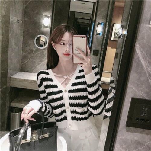 Striped Knitted Cardigan Womens 2021 Spring New Fashion Foreign Style V-neck Versatile Loose Short Coat