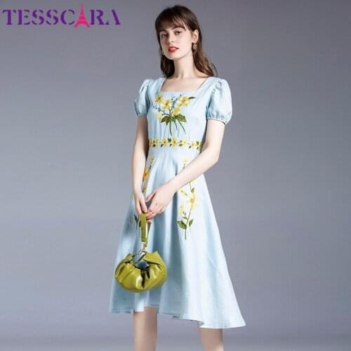 TESSCARA Women Summer Elegant Embroidery Dress Festa High Quality Prairie Chic Party Robe Femme Designer Casual Blue Vestidos