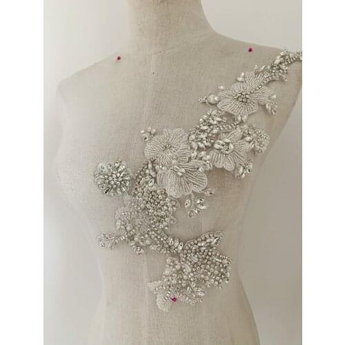 1pair Silver Rhinestone Applique French Bead Bodice Patch Bead Applique For Couture Costume Bridal Dress Ball Gown