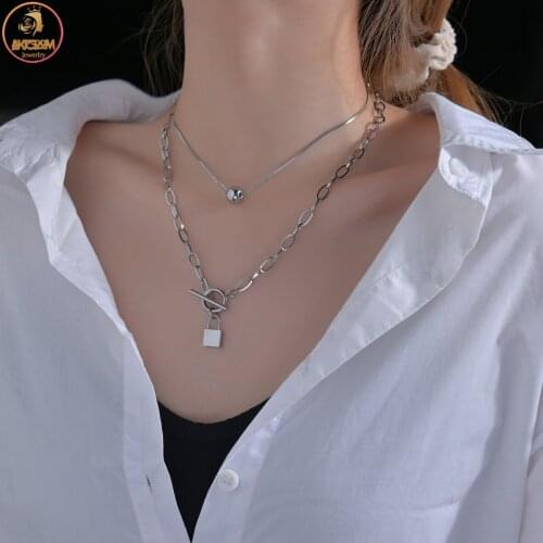 Akizoom New Stainless Steel Necklace for Women Round Bead Lock Double Layers Necklace Choker Chian Pendant Jewelry Birthday Gift