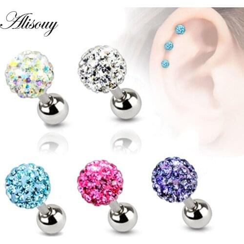 Alisouy 2PCS 3 4 5mm Trendy Crystal Ball Earrings Surgical Steel Ear Plugs Piercings Womens Ear Studs Screw ear Body Jewelry