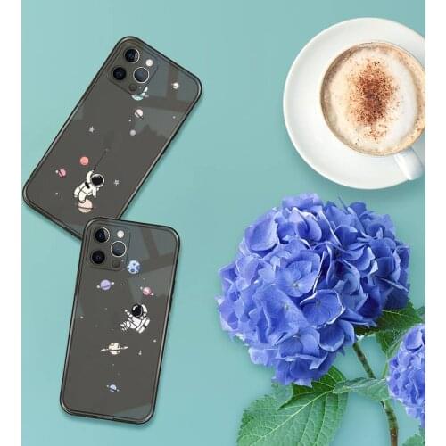 Cute Cartoon Astronaut Star Space Phone Case For iPhone 12 11 8 7 se 2020 pro X XS XR MAX Plus Black Transparent Cover