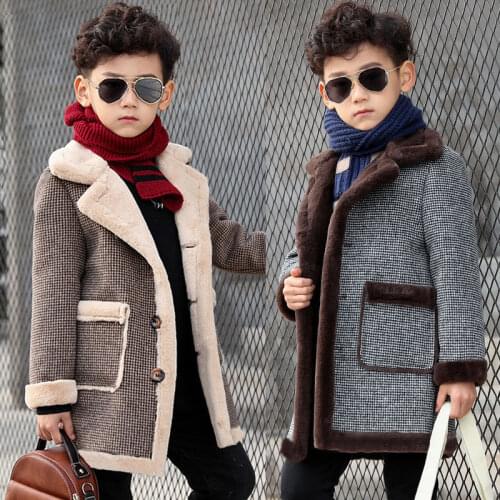 Children Casual Woolen Coat Fall Winter Boys Handsome Plush Velvet Heavy Outerwear Clothes Kids Splicing Pocket Trench Coat