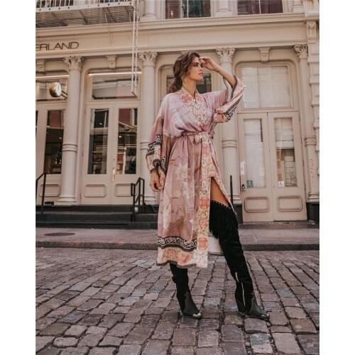 DUISNENA long boho dress floral print cardigan Kaftan Kimono beach bikini cover up casual swimwear belt robe vestidos