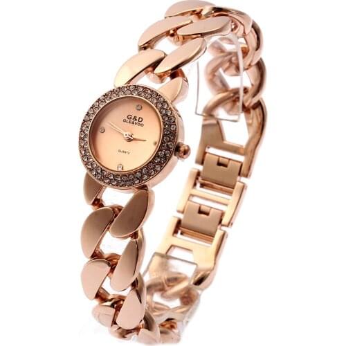 G&D Women Quartz Wristwatches Rose Gold Stainless Steel Rhinstone Womens Bracelet Watches Reloj Mujer Gifts Relogio Feminino