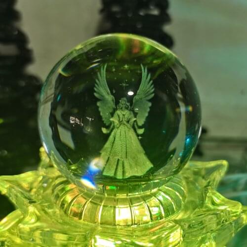 Engraved Guardian Angel Sphere 60mm Crystal Ball with Wooden Base Figurine Decorative Art for Home Housewarming Gift