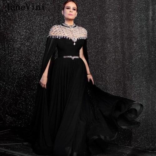 JaneVini 2020 Luxury Black Muslim Chiffon Long Evening Dresses A Line Crystal Rhinestone High Neck Dubai Sexy Formal Party Gowns