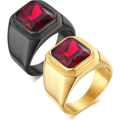 JHSL Big Men Red Cubic Zircon Stone Rings Black Gold Color Stainless Steel Fashion Jewelry Anniversary Gift Size 8 9 10 11