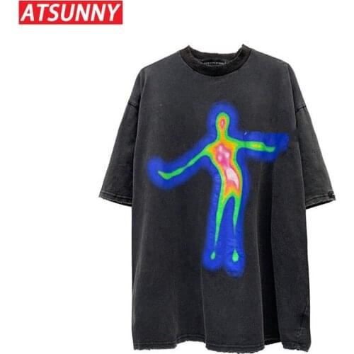 ATSUNNY Hip-Hop Summer Streetwear Oversized Retro Men T-shirt Distorted Portrait Printing Short-Sleeved Alien T-shirt