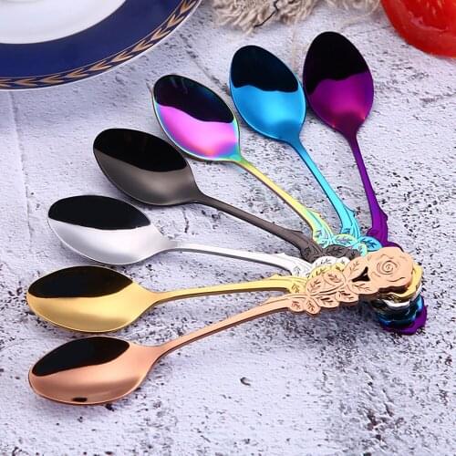New Design Gold Plated Teaspoon Strring Long Handle Rose Flower Tea Coffee Spoon Tableware Kitchen Gadgets Ice Cream Tools