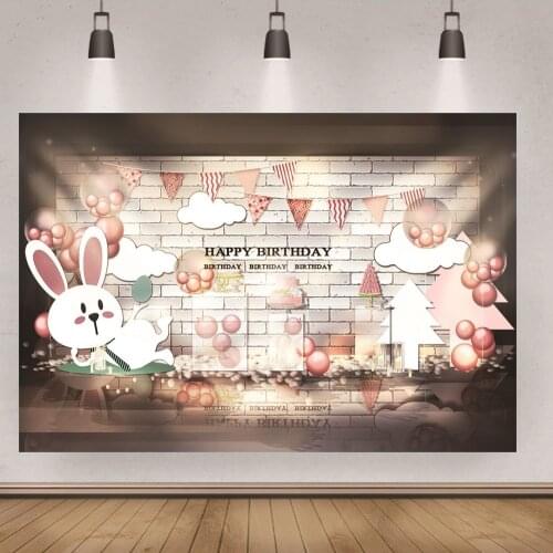 Cute White Long Ears Bunny Banner Balloon Birthday Photography Backgrounds Cartoon Custom Party Decor Photo Backdrop Booth Props