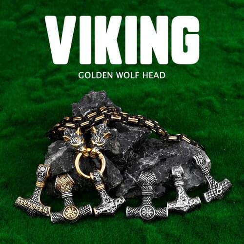 Never Fade Men Celtic Wolf Necklaces Viking Vegvisir Amulet Hammer Pendant Norse Runes Anchor Stainless Steel King Chain Jewelry