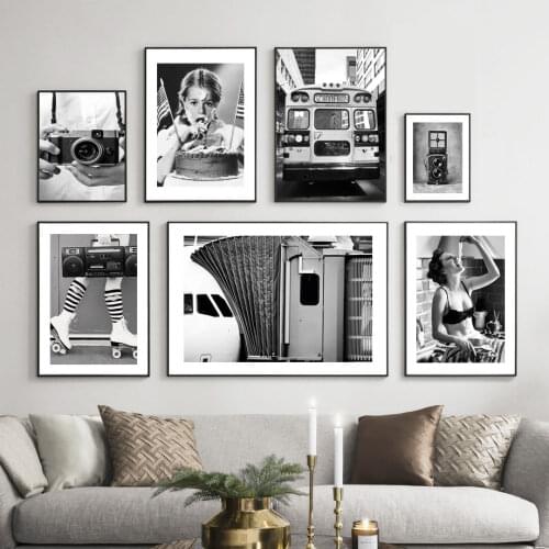 Retro Wall Art Canvas Painting Classic Camera Bus Cake Girl Skates Nordic Posters And Prints Wall Pictures For Living Room Decor