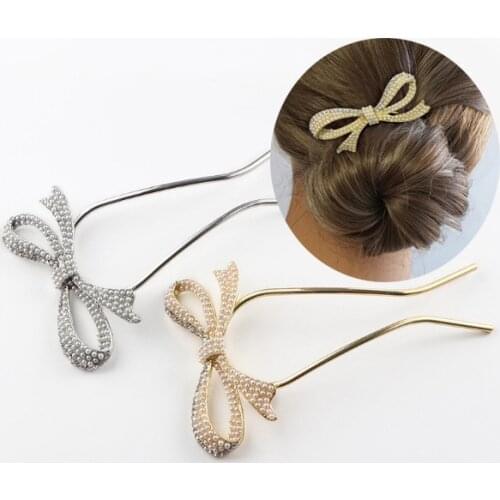 Japanese Style Pearl Bow Metal Alloy U-Shape Hair Clip Women Girls Vintage Hair Sticks Headwear for Women Lady Hairpin Bun Tool