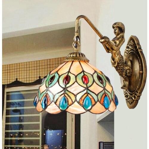 Tiffany shell vintage Stained Glass Iron Mermaid wall lamp indoor lighting bedside lamps wall lights for home AC 110V/220V E27