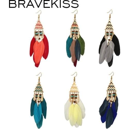 BRAVEKISS Bohemia Vintage Feather Earrings Long Geometric Tassel Drop Earring Fashion Jewelry For Woman 2019 New Arrival BPE1406