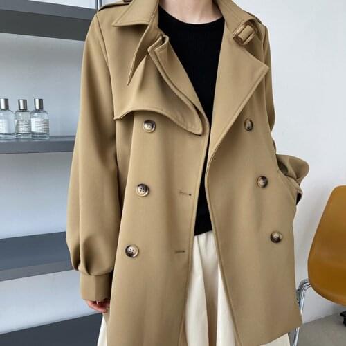 2021 Autumn Women Coat Windbreaker Short Korean Style Drape Lantern Sleeve Jacket Trench Female Overcoat Wrap Fashion Cardigan