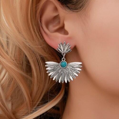 Blue Stone Fan Retro Leaves Silver Plated Blue Alloy Metal Women Dangle Earrings & Drop Earrings