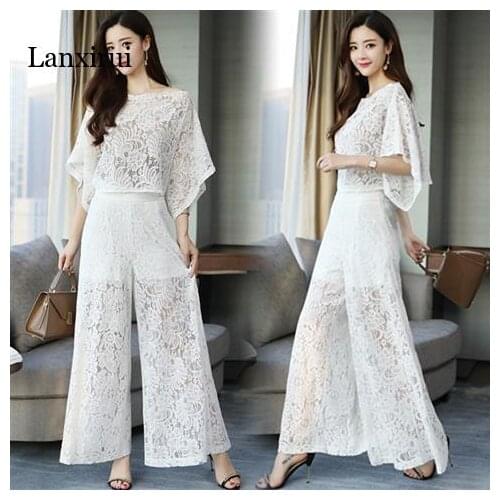 Plus Size New Summer Women Hollow Out Lace Blouse Tops + Wide Leg Long Pant 2 Piece Set Female Two Piece Suit Outfits