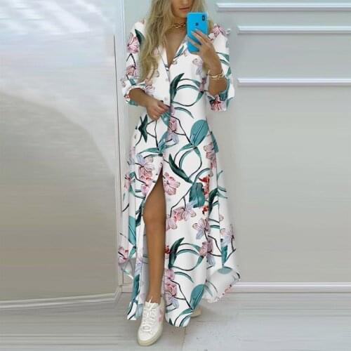 Summer Women Elegant Long Sleeve Party Dresses Casual Turn-Down Collar Button Shirt Long Dress Ladies Striped Split Maxi Dresses