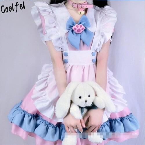 COOLFEL Women Maid Outfit Lolita Dresses Anime Kawaii Lace Trim Apron Sweet Cosplay Costume Full set plus size 4XL