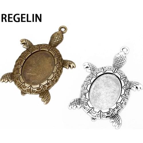 REGELIN 10pcs tortoise Antique Silver filigree cameo cabochon pendant setting 18*25mm dia Cabochon Base For DIY Jewelry Making