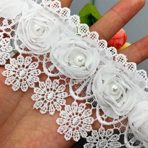 20x 7CM Wide Pearl Rose Flower Tassel Chiffon Lace Trim Fabric Tassel Bridal Wedding Dress Embroidered DIY Ribbon Sewing Craft