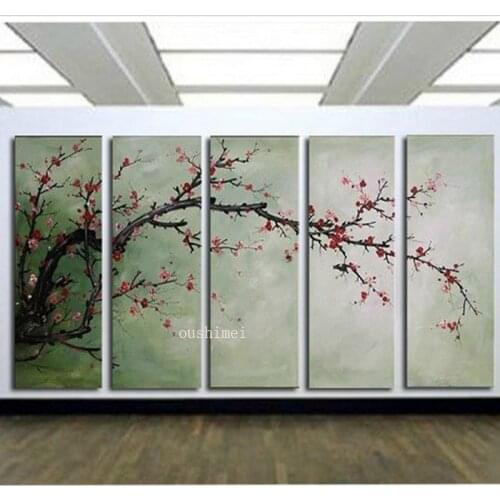 Handpainted 5 P Modern Decorative Oil Painting On Canvas Pictures Wall Art Cherry Blossom For Living Room Unique Painting Gift
