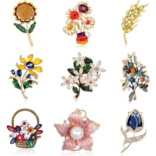 Cute Flowers Crystal Enamel Brooches For Women Rhinstone Badges For Clothes Jewelry Collar Pins Gifts Accessories For Friends