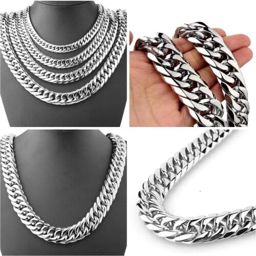 Stainless Steel Cuban Miami Chains Necklaces Heavy Silver Color Chain For Men Hip Hop Rock Jewelry Wholesale 9/11/13/16/19/21mm