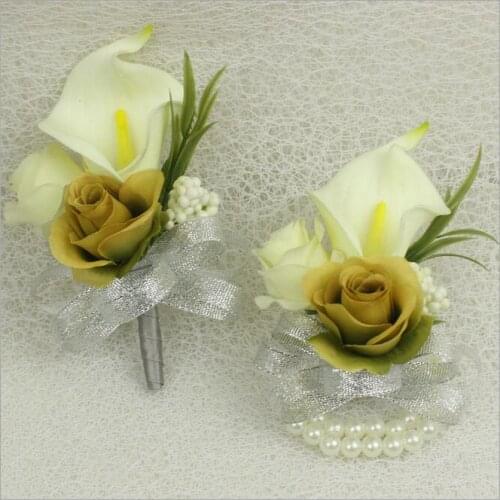 DIY 5Set(10Pcs) artificial Lily Groom Boutonniere brooch women corsage& wrist flower bridal hand Flowers Wedding party flower