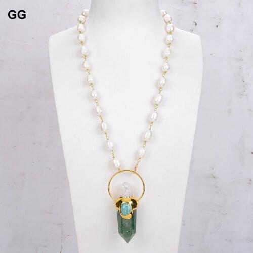 GG Jewelry Natural Green Muscovites Point White Quartzs Raw Pendant Necklace White Rice Pearl Sweater Chain Necklace For Women