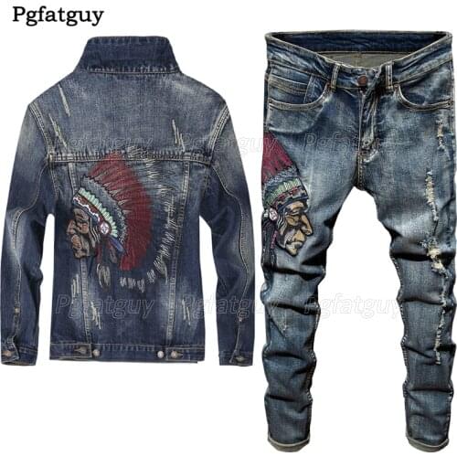 Autumn Winter New Fashion Embroidered Indian Jeans Sets Mens Stretch Jeans + Slim Casual Denim Jacket Vintage Two Pieces Sets