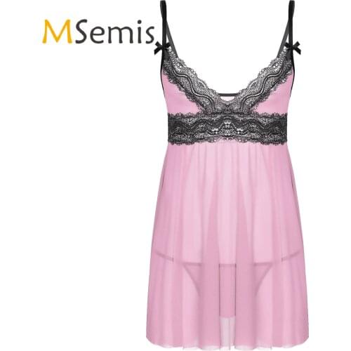 Mens Sissy Sheer Lace Mesh Lingerie Adjustable Spaghetti Shoulder Straps Deep V Neck Lace Trim Chemise Babydoll Sleepwear