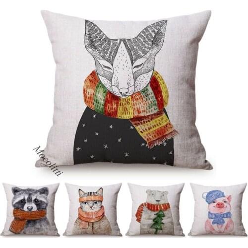 Cute Animals Cushion Cover Water Color Hand Painted Deer Pig Fox Owl Bear Raccoon Cotton Linen Decoration Sofa Throw Pillow Case