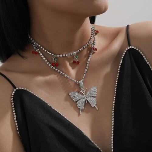 2021 New Iced Out Rhinestone Chain Choker Necklace Fashion Big Butterfly Cherry Pendant Necklace for Women Jewelry Wedding Gift