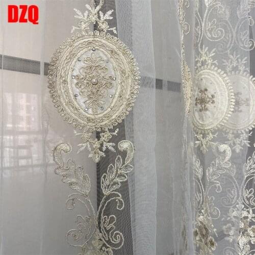 2021 New European-style Curtains Luxury Embroidered with Beads Tulle Curtains for Living Room Bedroom Beige Blackout Drapes