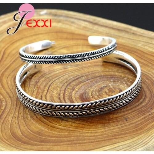 Punk Street Popular 925 Sterling Sliver Vintage Leaves Pattern Open Bracelet Bangle For Women Men Black Cuff Bracelets