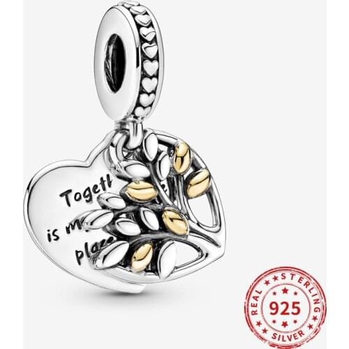 Real 925 Sterling Silver Charms Two Tone Family Tree Heart Dangle Charmbead Fit Original Pandora Beads Bracelets Diy jewelry
