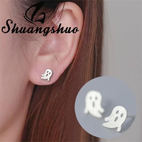 Shuangshuo Halloween Jewelry 925 Genuine Sterling Silver Skull Shape Little Ghost Stud Earrings for Women Kids Punk Party Gift