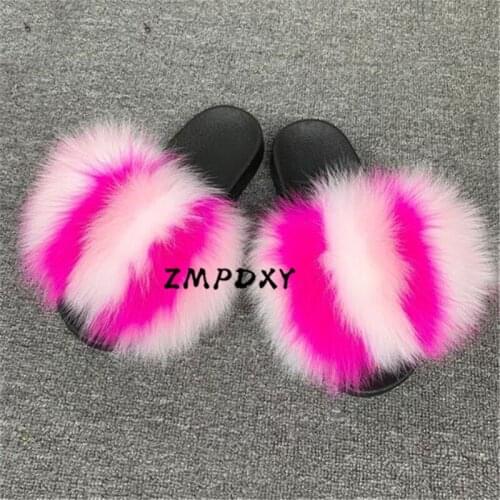 Ladies Real Fox Fur Slippers Childrens/Kids Fluffy Slides Female Furry Flip Flops Womens Rainbow Open toe Sandals Plush Shoes