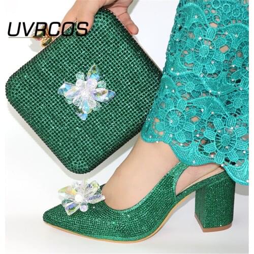 Green Color Woman High Heels Sandals And Matching Bag Set For Party 2021 Hot Sale African Woman Shoes And Bag To Match Set Sweet
