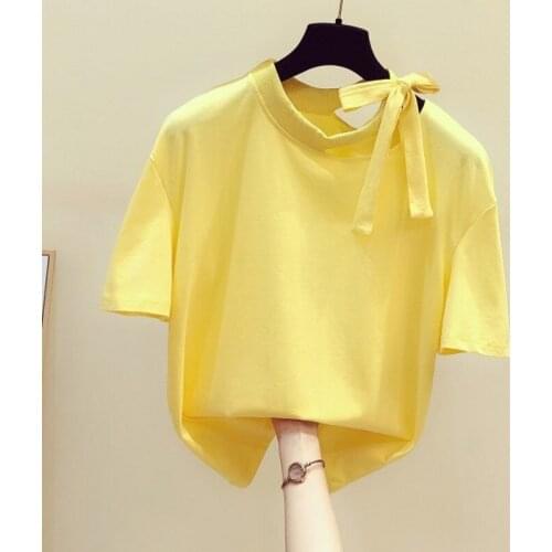 Yellow T-shirt for Women 2020 Summer New Korean Fashion Bow Stand Collar Short Sleeve T-shirt Female Casual Cotton Tee Tops