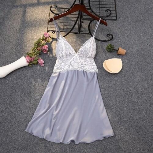 Women Sexy V-Neck Short Nightgown Cute Lace Bow Trim Sleepshirts Chest Sleepwear Summer New Ice Silk Spaghetti Strap Nightdress