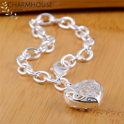 Pure 925 Silver Bracelets for Women Heart Tag Charm Bracelet & Bangles Wristband Pulseira Femme Wedding Bridal Jewelry Bijoux
