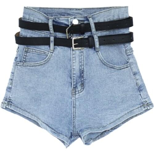 2021 Summer New Fashion Tide Jeans Short Pants Loose High Waist Sashes Solid Color Temperament Women Denim Shorts Femme belt